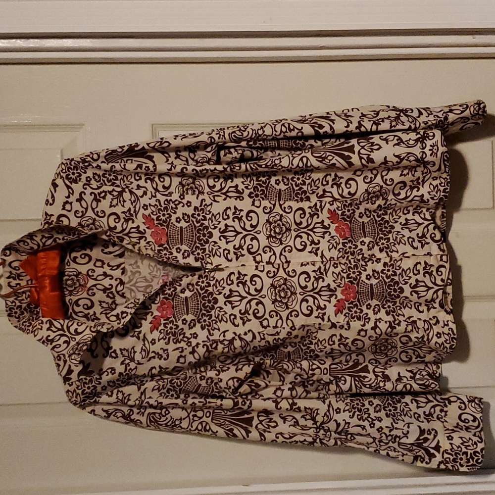 Foxcroft Wrinkle Free‎ Fitted Zipper Shirt Womens Size 18 Cream with Brown/Pink